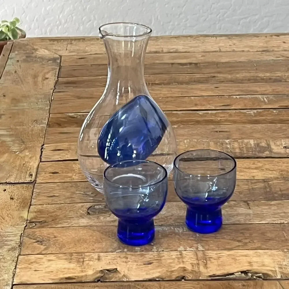 Tokyo Sasaki Glass Cold Sake Set Carafe Cobalt Blue Japanese Mid Century MCM